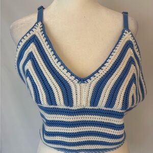 Hollister Blue and White Striped Crochet Halter Top, variable length straps